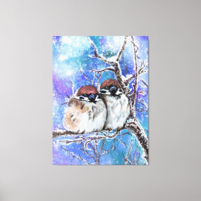 Casal Sparrows Na Impressão Da Tela De Inverno (Frente)