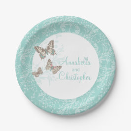 Casamento 3 borboletas de tinta prato branco teal