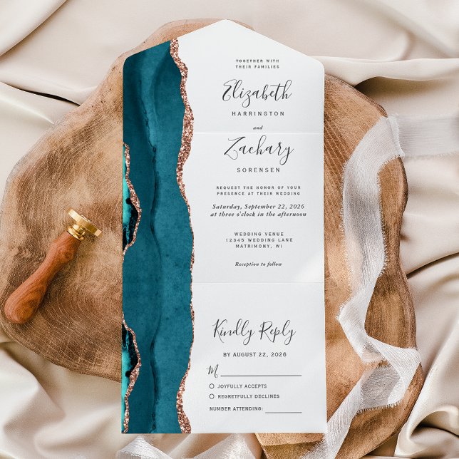 Casamento Ágata Azul Teal Dourado Moderno (Criador carregado)