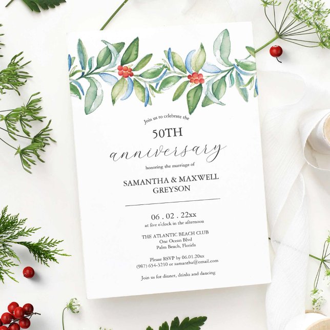 Casamento Aniversário Convites Vergonha de Natal (50th Anniversary Invitations watercolor winter red berries and greenery art by Victoria Grigaliunas)