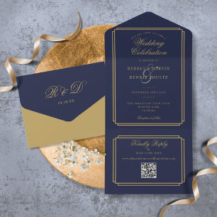 Casamento Art Déco com Código QR Azul Marinho e Do