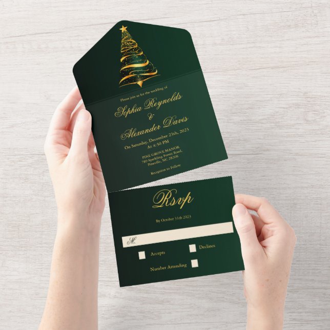 Casamento Árvore de Natal Dourada Minimalista com  (Aba destacável)