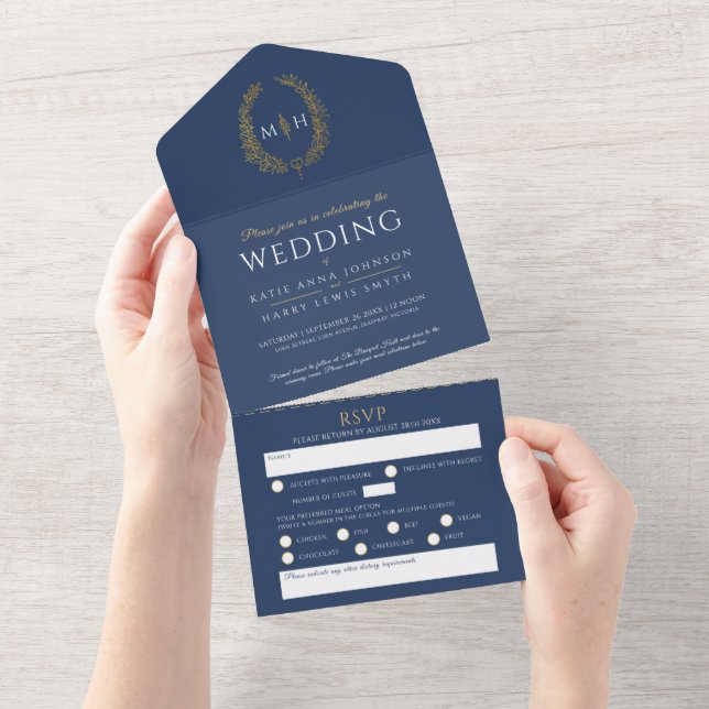 Casamento azul branco dourado oval folhas monogram (Aba destacável)