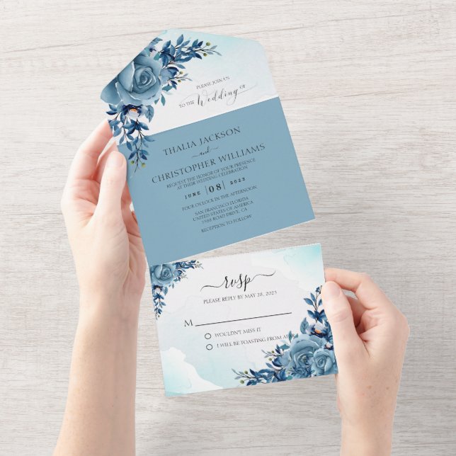 Casamento Azul com Derrame Floral Elegante (Aba destacável)