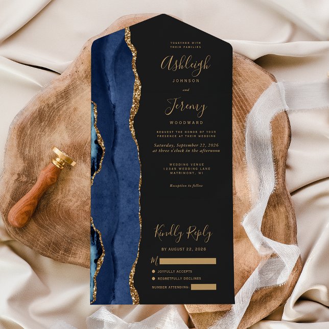 Casamento Azul Escuro Dourado Ágata Moderno (Criador carregado)