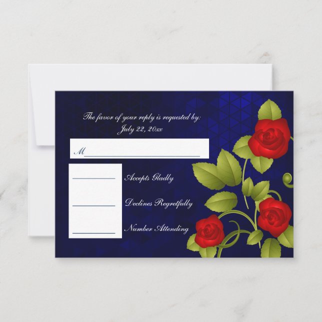 Casamento Azul Escuro e Rosa vermelha RSVP (Frente)