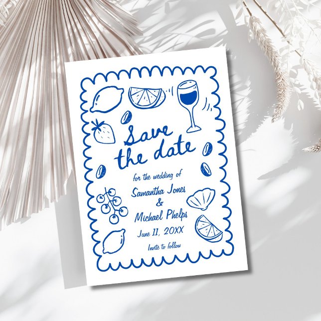 Casamento Azul Festivo à Beira-Mar - Salve a Data (Festive Blue Coastal Wedding Save the Date)