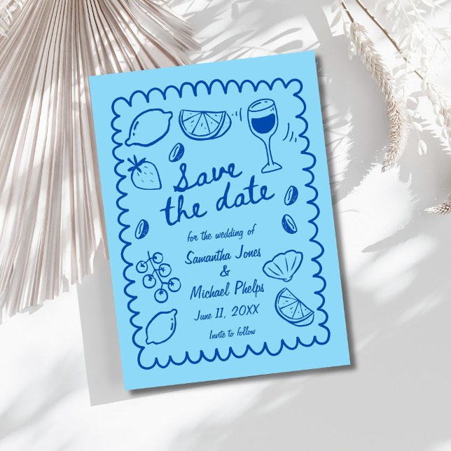 Casamento Azul Festivo à Beira-Mar - Salve a Data (Festive Blue Coastal Wedding Save the Date)