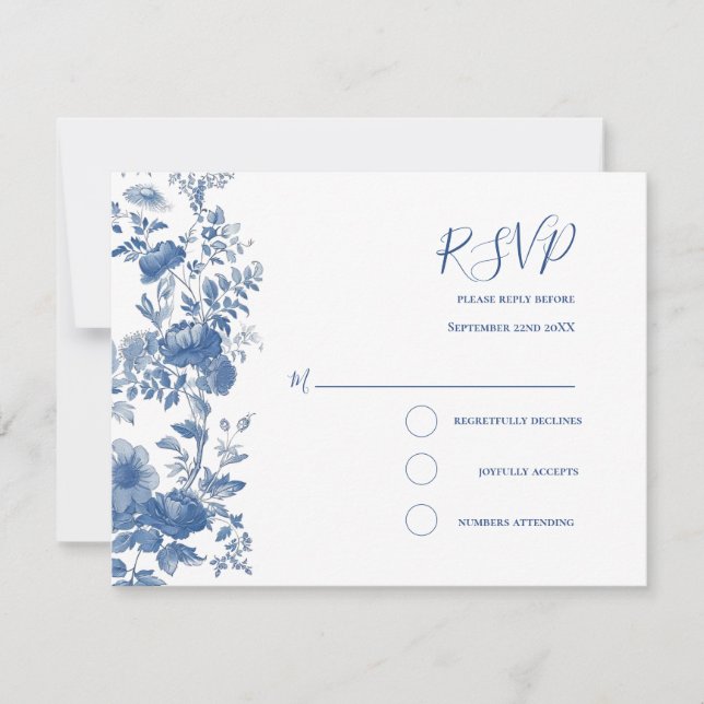 Casamento Azul Floral Francês Elegante RSVP (Frente)
