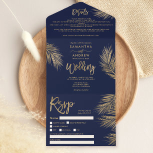 Casamento azul-marinho de palmeira de ouro moderno