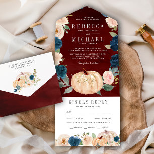 Casamento Azul Naval Pêssego Floral Abóbora Burgun