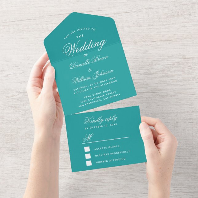 Casamento Azul Turquesa Elegante Caligrafia Script (Aba destacável)