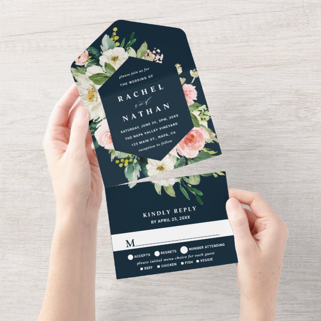 Casamento Blush White Bloom Blue Hexagon Marinho (Aba destacável)