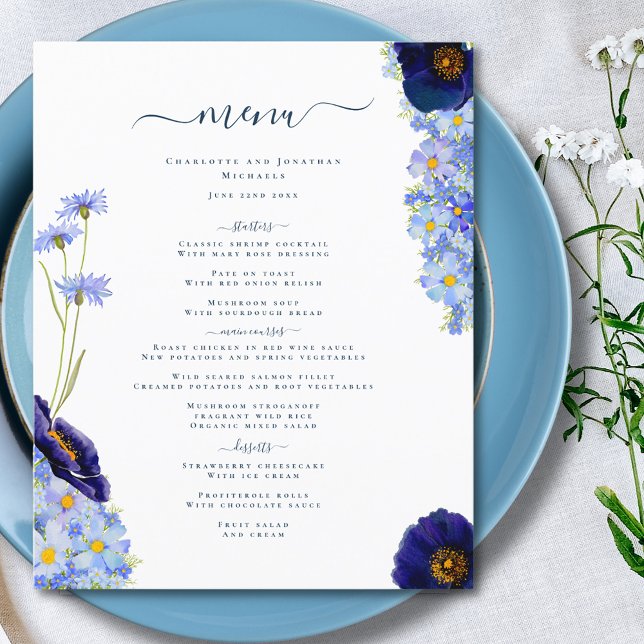 Casamento Boho Azul de Flor Silvestre (Elegant wildflower summer floral blue wedding menu with modern typography script)