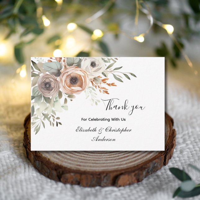 Casamento Botânico Beige Floral Greenery Obrigado (Beige White Greenery Watercolor Florals Flowers Neutral Colors Wedding Thank you cards)