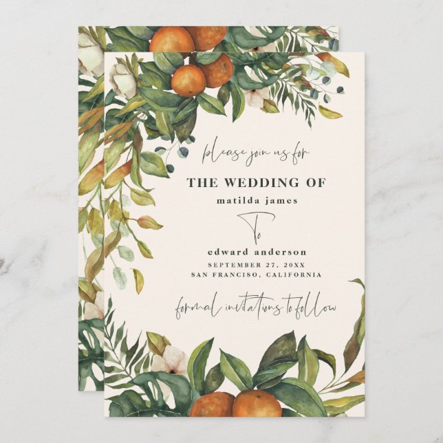 Casamento botânico cor de laranja cítrica (Frente/Verso)