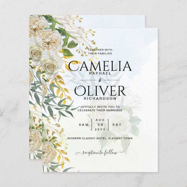 Casamento Botânico de Rosas Brancas Elegantes All- (Frente/Verso)