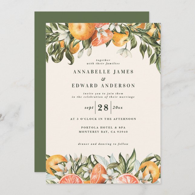 Casamento botânico e moderno cor de laranja cítric (Frente/Verso)