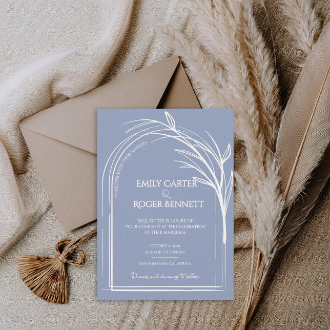 Casamento Botânico Minimalista com Arco em Azul Em (Dusty Blue Minimalist Arch Botanical Wedding Invitation Flat Card | Modern Elegant Wedding Invite)