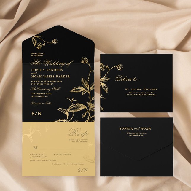 Casamento botânico preto e ouro elegante (Criador carregado)