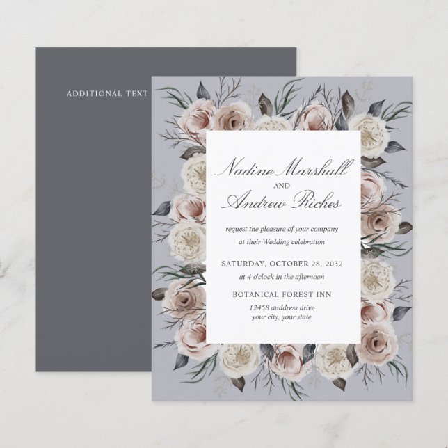 Casamento Botânico Romântico Gótico Cinza Rosa Emp (Frente/Verso)