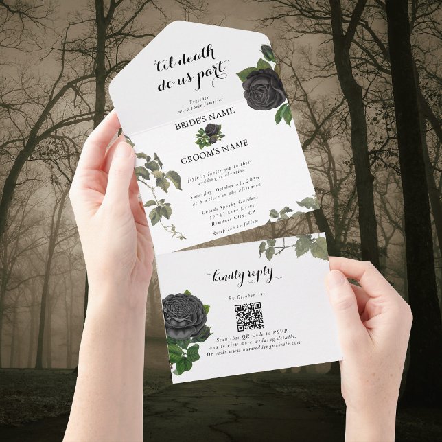 Casamento Branco de Rosas Negras do Halloween Góti (Gothic Halloween Black Roses White Wedding All In One Invitation)