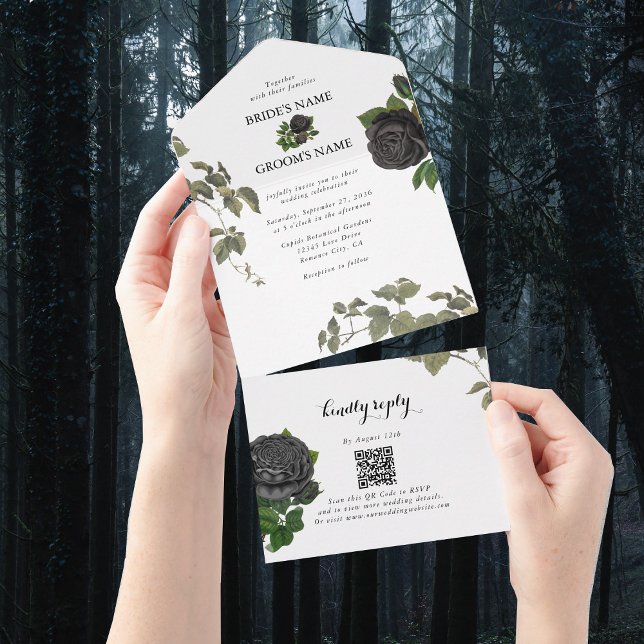 Casamento Branco de Rosas Negras do Halloween Góti (Gothic Halloween Black Roses White Wedding All In One Invitation)