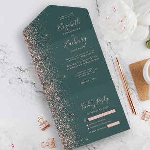 Casamento Brilho Dourado Rosa Verde Escuro Moderno