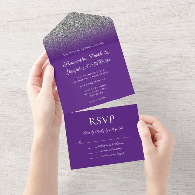 Casamento Brilho Ombre Roxo Real e Prata (Aba destacável)