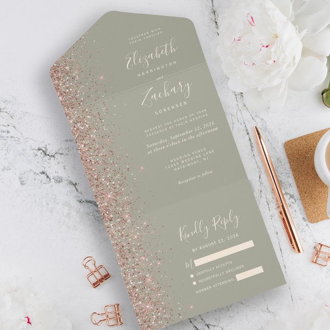 Casamento Brilho Rosa Dourado Verde Sage Moderno (Criador carregado)