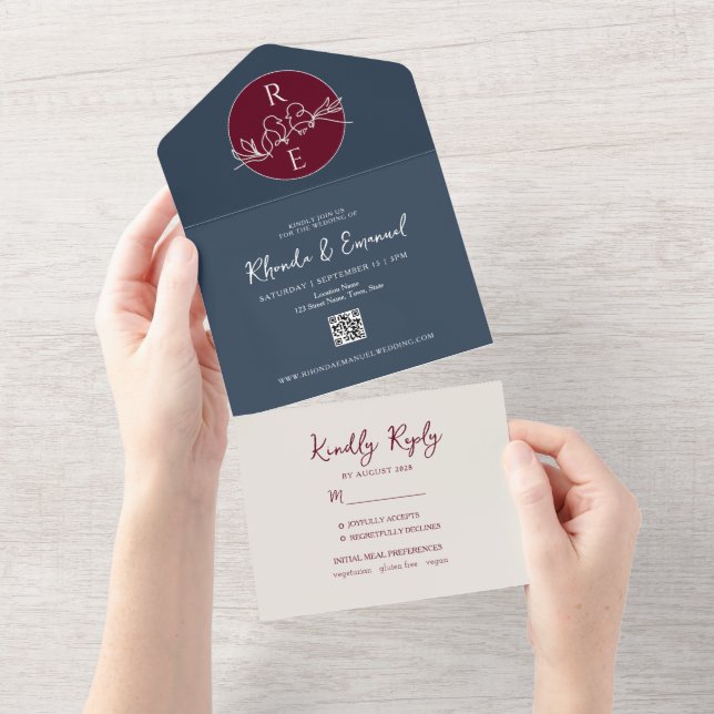 Casamento Burgundy Azul Naval Minimalista (Aba destacável)