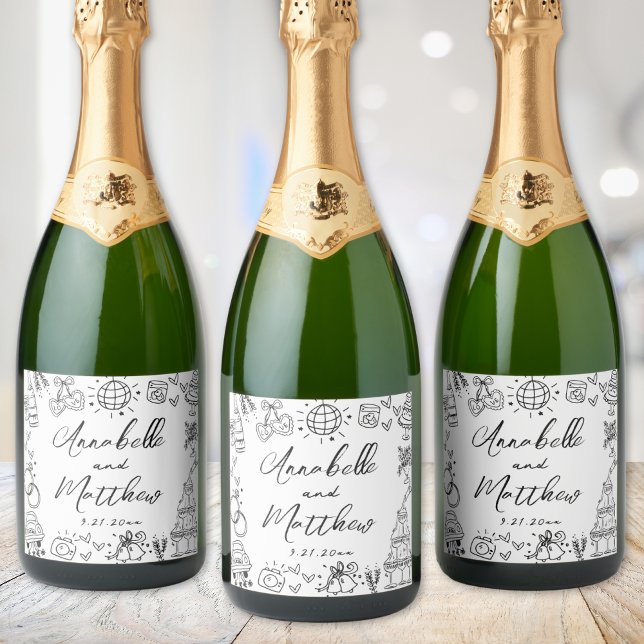 Casamento Caprichoso Desenhado à Mão (Hand Drawn Whimsical Wedding Sparkling Wine Label)