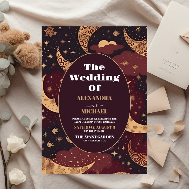 Casamento Celestial Dourado Elegante Burgundy (Criador carregado)