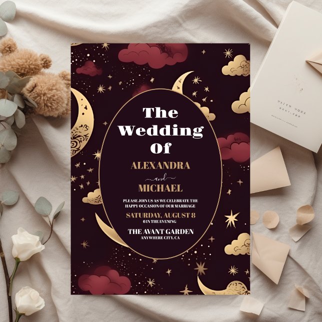 Casamento Celestial Dourado Elegante Burgundy (Criador carregado)