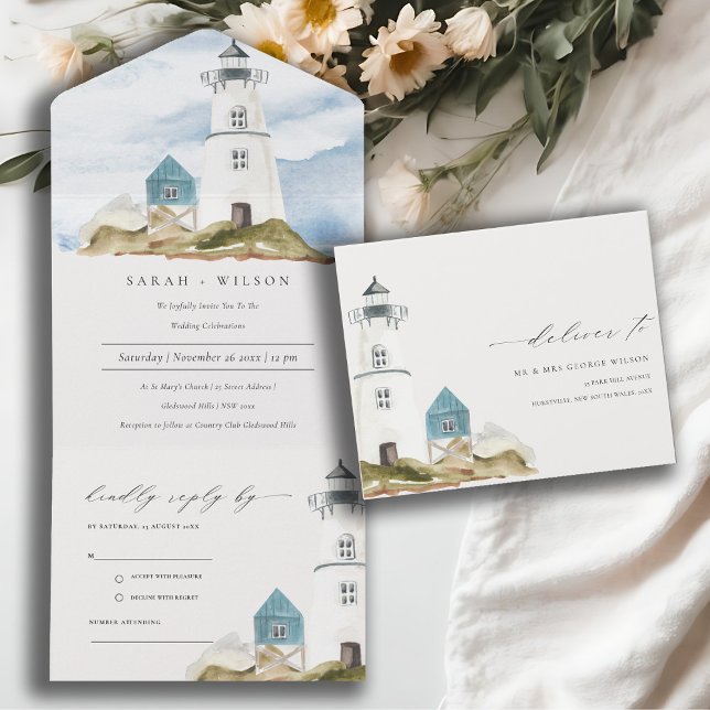 Casamento Chic Dusky Aqua Blue Lighthouse Mountain (Criador carregado)