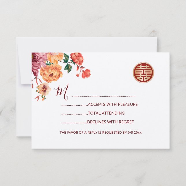 Casamento Chinês de Peony Red RSVP (Frente)