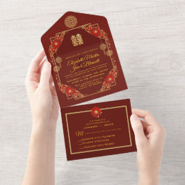 Casamento chinês Dourado com Flores Vermelhas