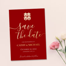 Casamento chinês vintage vermelho e dourado, aviso