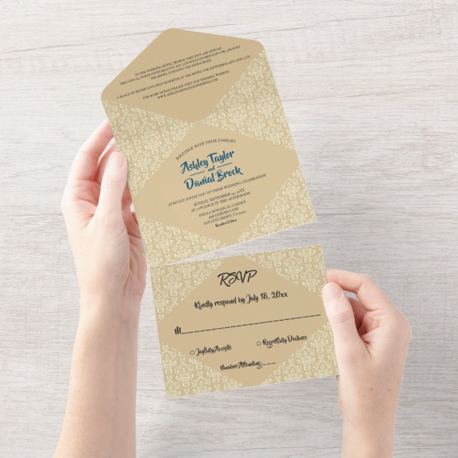 Casamento Clássico Beige do Script Damask do Elega (Tearaway)