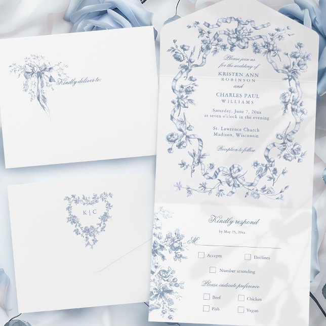 Casamento Clássico Francês com Flores Azuis e Fita (Criador carregado)