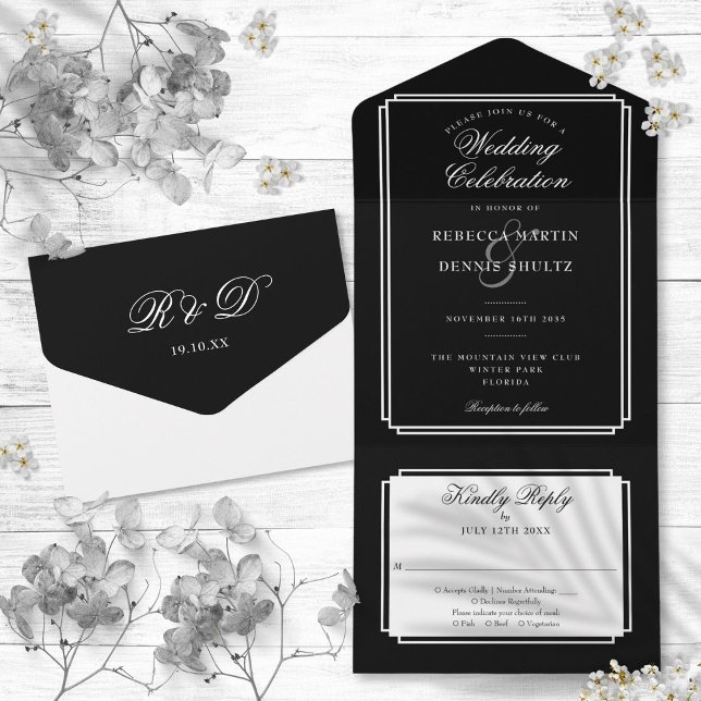 Casamento Clássico Preto e Branco com Monograma De (Black And White Classic Deco Monogram Wedding All In One Invitation)