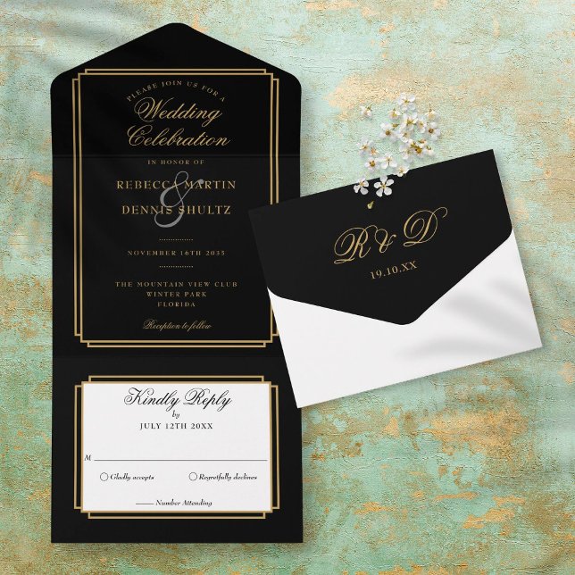 Casamento Clássico Preto e Dourado com Monograma D (Black And Gold Classic Deco Monogram Wedding All In One Invitation)