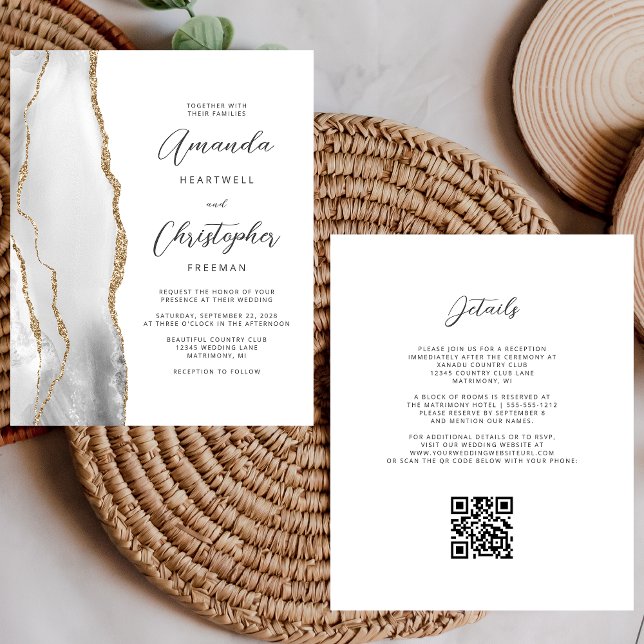 Casamento Código QR Ágata Dourada Branco Cinza Orç (Criador carregado)
