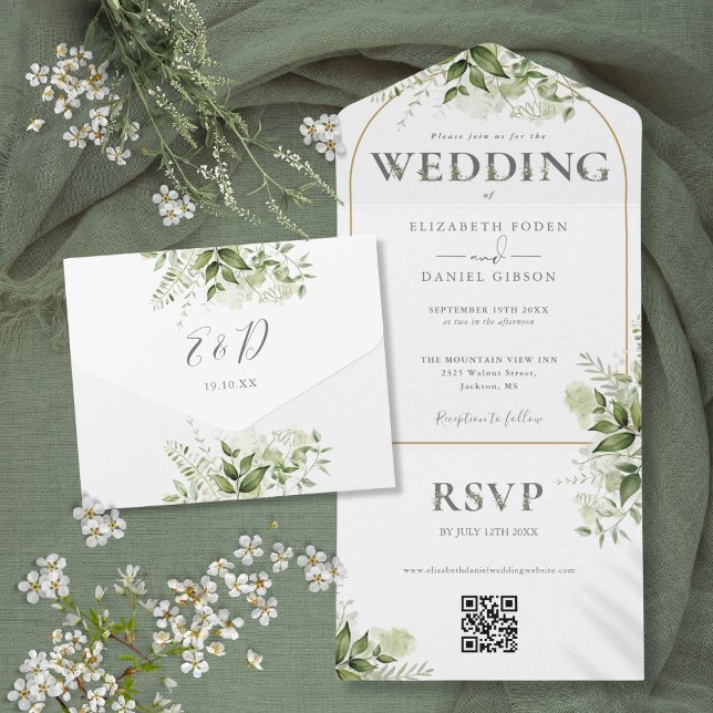 Casamento Código QR Arco Dourado de Verdura Rústic (Rustic Greenery Gold Arch QR Code Wedding All In One Invitation)