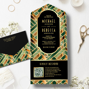 Casamento Código QR Art Deco Mármore Dourado Verde