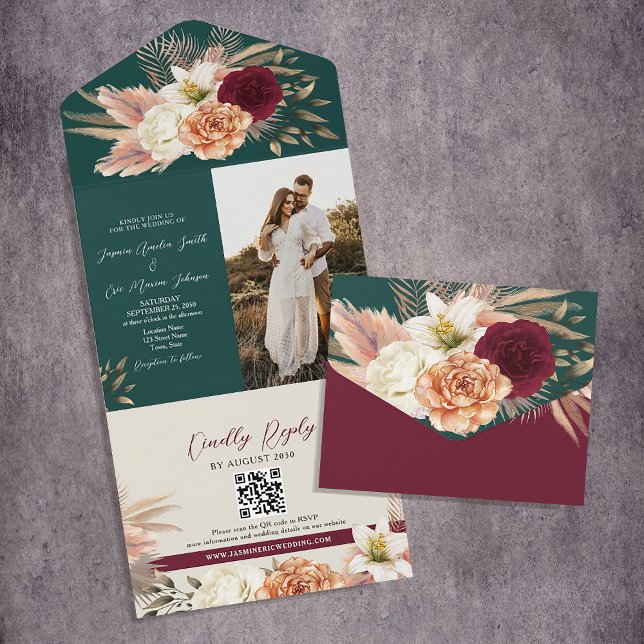 Casamento Código QR Boho Esmeralda (Criador carregado)