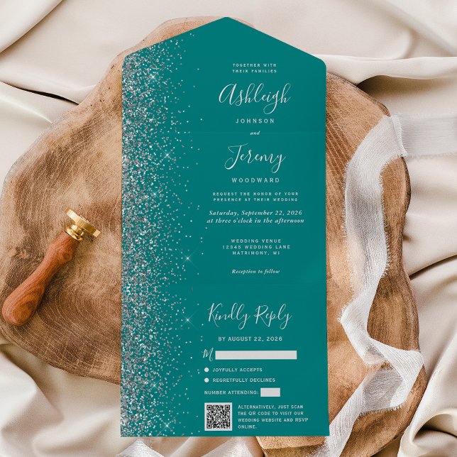 Casamento Código QR Brilho Azul Teal Prata (Criador carregado)