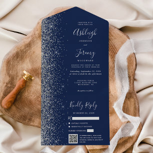 Casamento Código QR Brilho Prata Azul Marinho