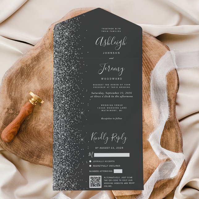 Casamento Código QR Brilho Prata Cinza Carvão (Criador carregado)