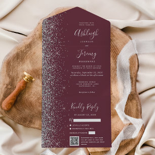 Casamento Código QR com Brilho em Prata e Borgonha